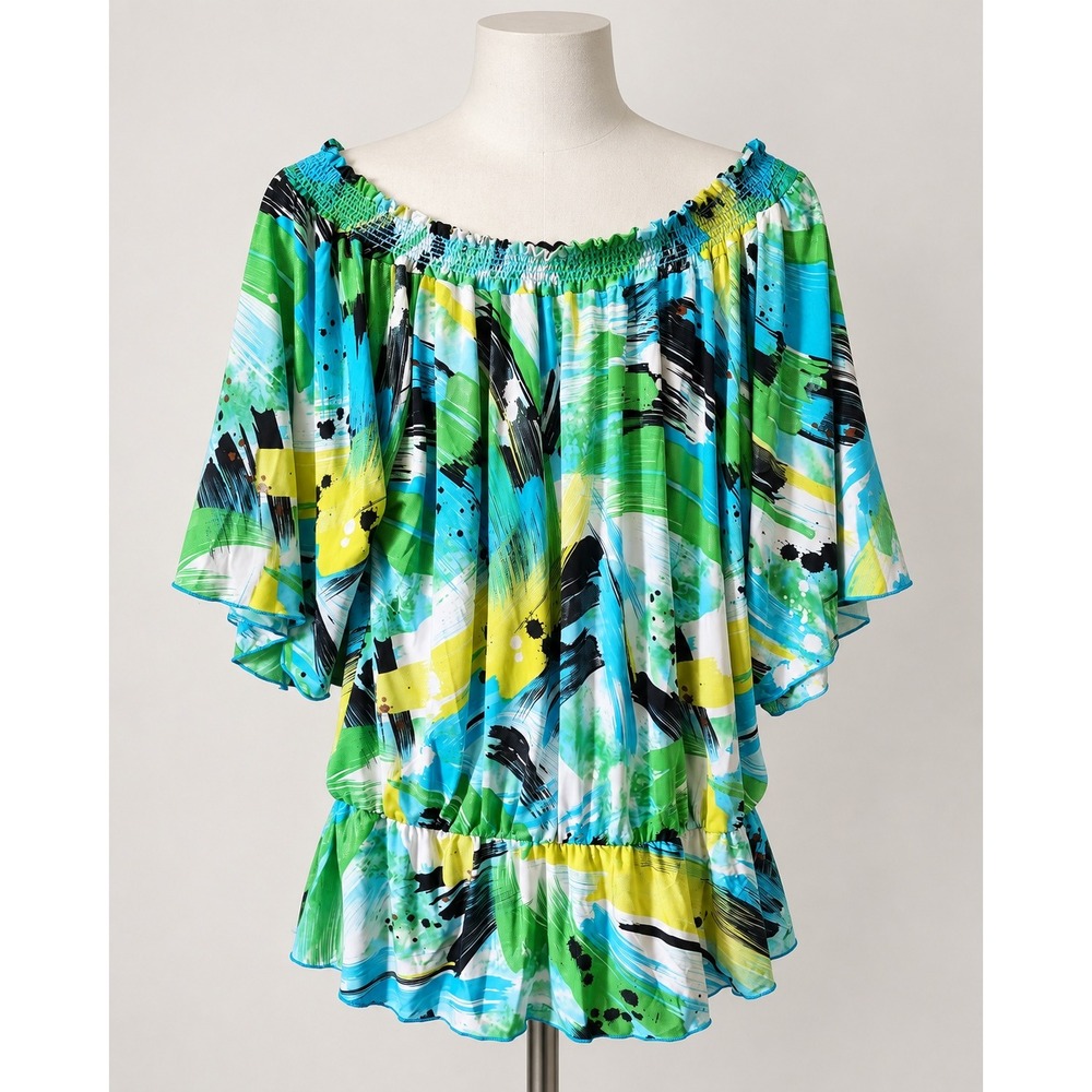 Todi Topia Abstract Brushstroke Smocked Off Shoulder Blouse Green Blue L